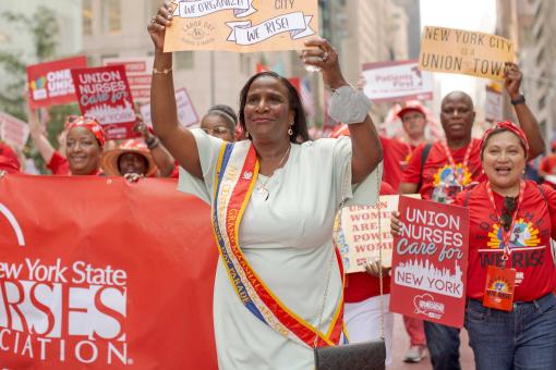 NYSNA President Nancy Hagans, RN, BSN, CCRN, Grand Marshaling the 2023 New York City Labor Day Parade