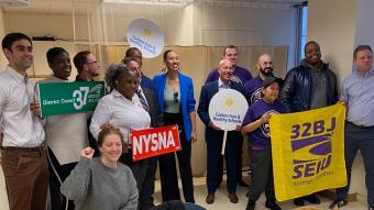 Union leaders from NYSNA, 32 BJ, DC 37 gather for a photo promoted Carbon Free and Healthy Schools