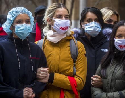 Nurses at NewYork-Presbyterian at a safe staffing speakout 