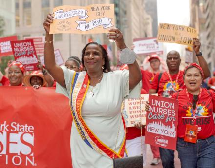 NYSNA President Nancy Hagans, RN, BSN, CCRN, Grand Marshaling the 2023 New York City Labor Day Parade